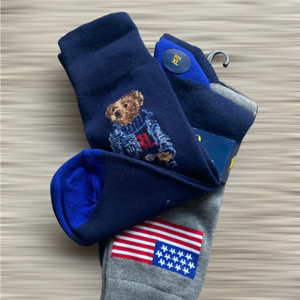 Polo by Ralph Lauren Sz. XL US Flag & RL Bear logo Socks-2 Pair. NWOT